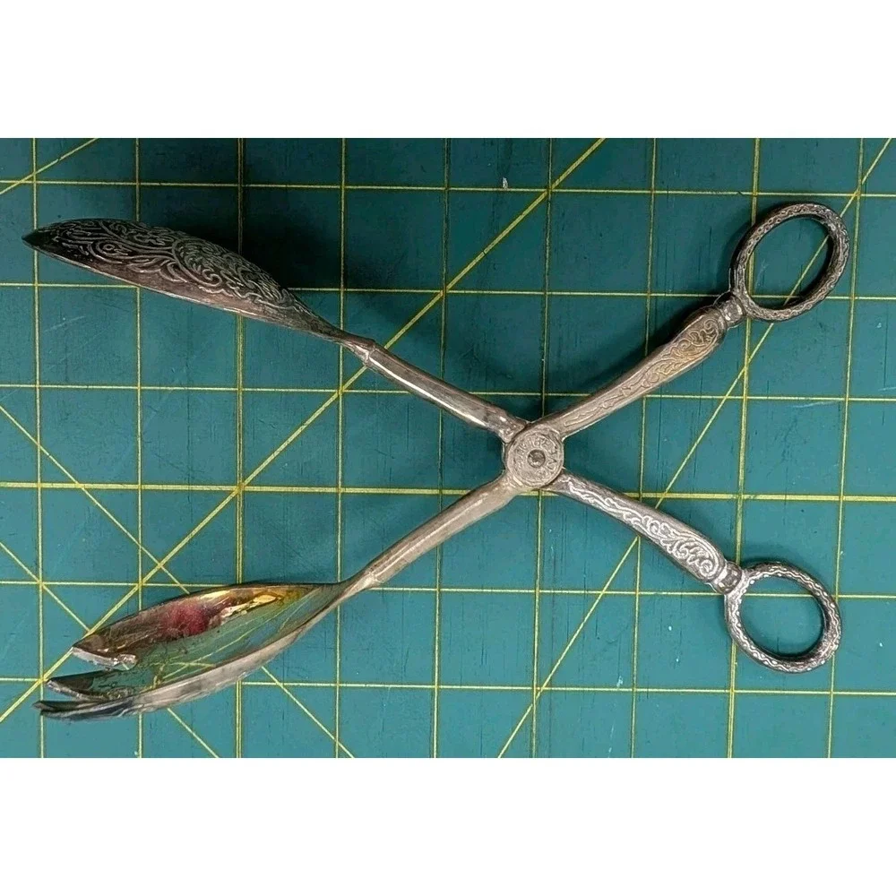 Vintage Silver Plate Salad Tongs Fork Spoon Combo 8.5